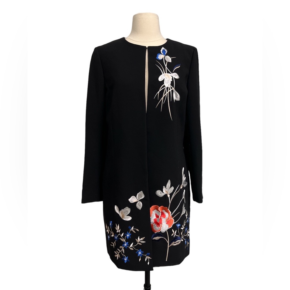 Tahari Size 6 Black Floral Embroidery Open Front Womens Lined Jacket Kimono